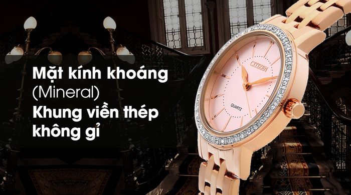 Đồng hồ nữ Citizen EL3043-81X có mặt kính bền bỉ, khung viền chắc chắn