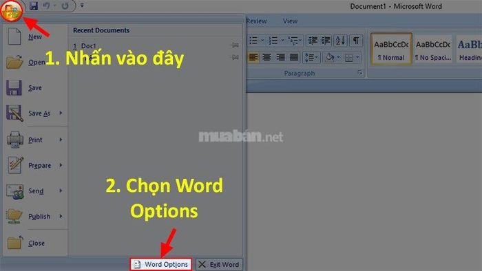 Bước 1: Mở file Word, nhấp vào Microsoft Office, sau đó chọn Tùy chọn Word.