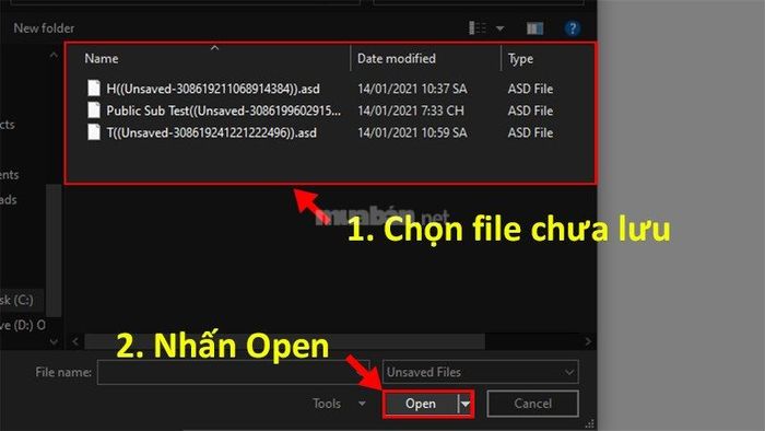 Bước 4: Chọn tài liệu Word chưa lưu, rồi nhấn Mở.