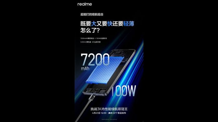 Realme GT7 sẽ được trang bị viên pin dung lượng 7200 mAh.