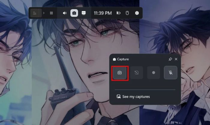 Chọn biểu tượng máy ảnh trong mục Capture để thực hiện chụp màn hình