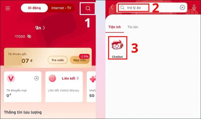 Mở ứng dụng My Viettel và nhấn vào biểu tượng kính lúp