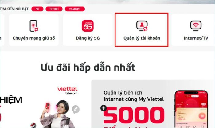 Nhấn vào mục Quản lý tài khoản để kiểm tra thông tin.