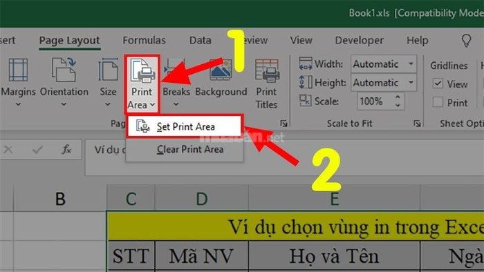 Các bước chi tiết chọn vùng in trong Excel: bước 1 và bước 2