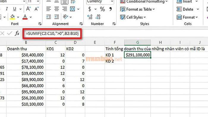 Nhập hàm SUMIF vào ô cần thiết để tính tổng các ô không liền nhau trong Excel.