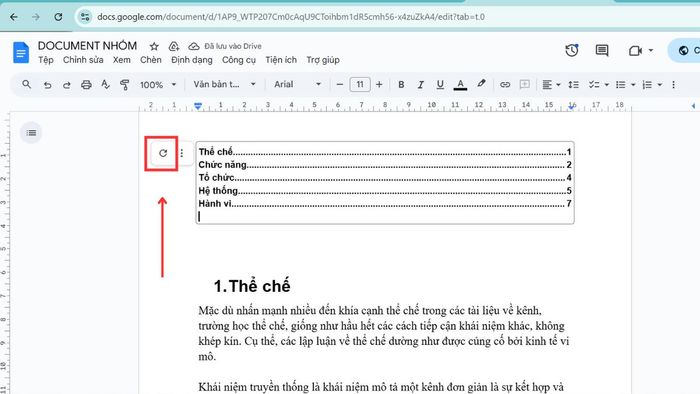 Hướng dẫn cập nhật bảng mục lục trong Google Docs, bước 2