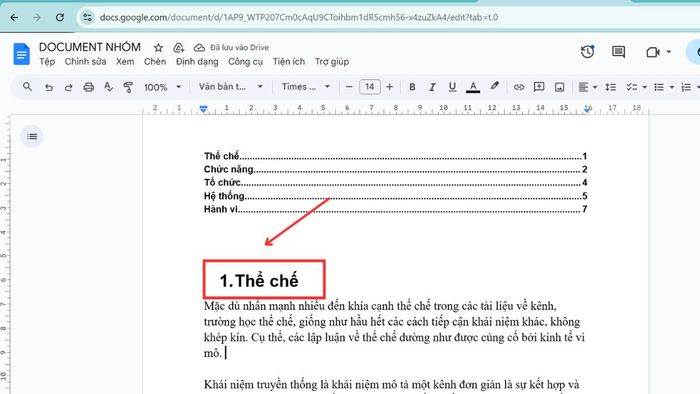 Hướng dẫn cập nhật bảng mục lục trong Google Docs, bước 1
