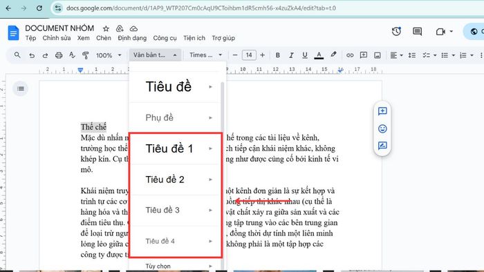 Bước 3 trong việc tạo mục lục trong Google Docs bằng thẻ Heading