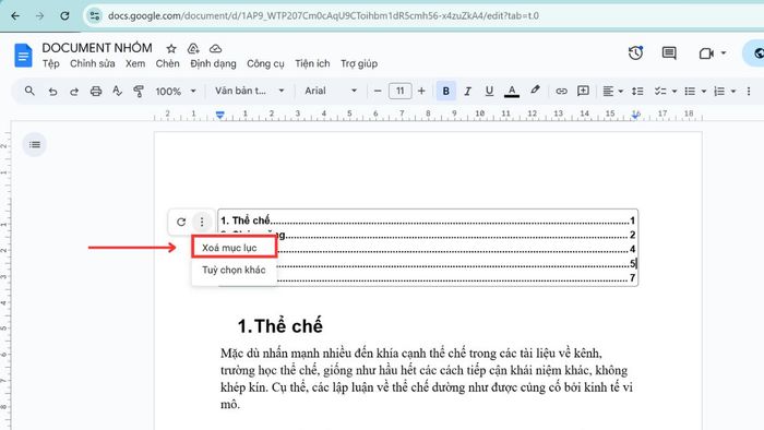 Hướng dẫn xóa bảng mục lục trong Google Docs, bước 3