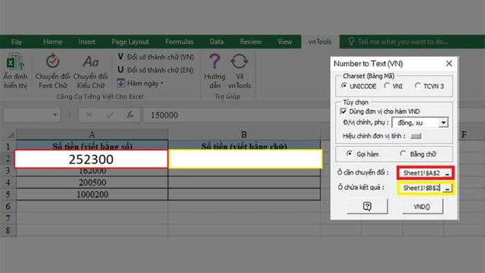 Hướng dẫn sử dụng công cụ VNTOOL để đọc số tiền thành chữ trong Excel, bước 5 (Ví dụ minh họa)