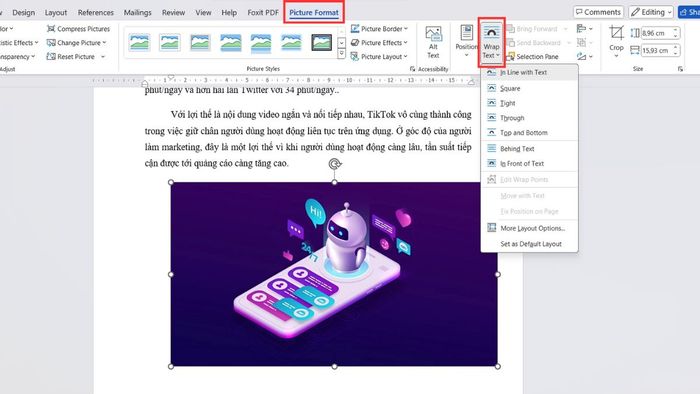 Tùy chọn Wrap Text trên thanh công cụ
