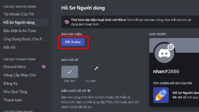 Cách thêm GIF làm ảnh đại diện Discord - bước 2
