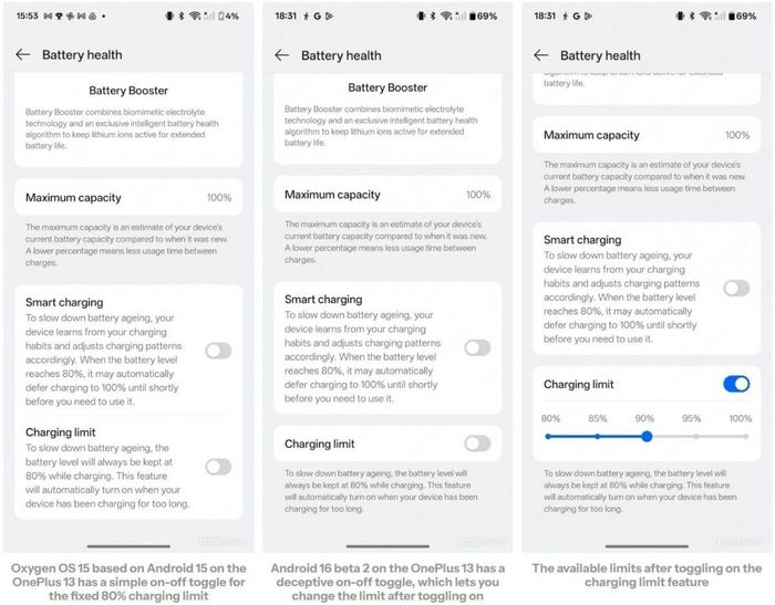 Hướng dẫn kích hoạt tính năng giới hạn mức sạc trên OnePlus 13 với Android 16 beta 2.