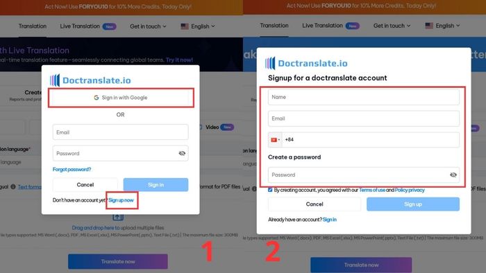 Hướng dẫn tạo tài khoản Doctranslate – Bước 3