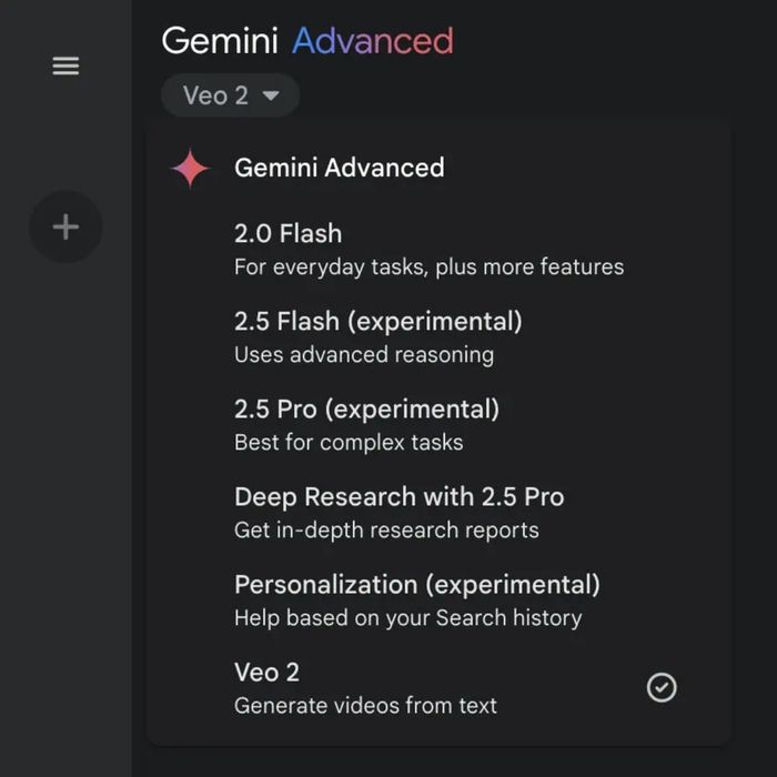 Veo 2 sẽ xuất hiện như một tùy chọn trong danh sách mô hình dành cho người dùng Gemini Advanced