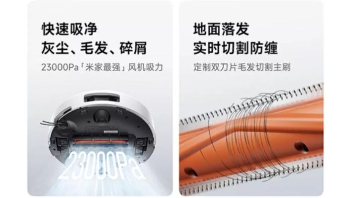 Xiaomi Mijia M40S sở hữu chổi chính hai lưỡi giúp ngăn rối tóc hiệu quả khi vận hành lau quét.