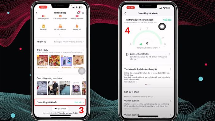 Hướng dẫn xem điểm vi phạm TikTok Shop trên điện thoại - bước 3,4