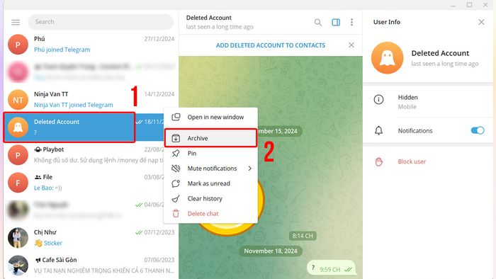 Hướng dẫn chi tiết cách ẩn tin nhắn trên Telegram khi sử dụng máy tính.