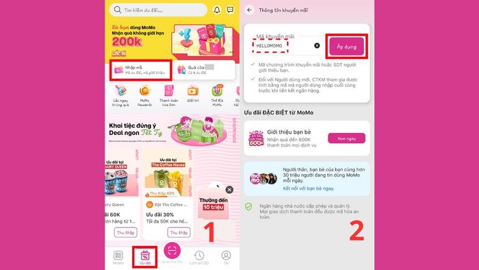 Ưu đãi khi liên kết ngân hàng với MoMo - các bước 1 và 2