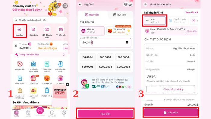 Cách nạp tiền vào MoMo từ tài khoản ngân hàng sau khi liên kết - các bước 1, 2, 3