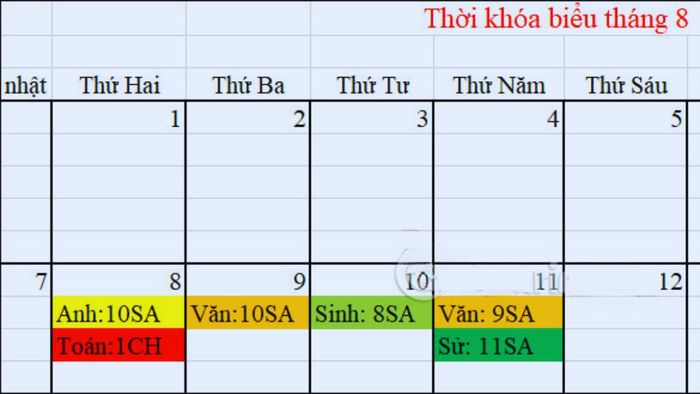 Cách thay đổi thông tin ngày tháng trong thời khóa biểu Excel bước 3 (Hình minh họa)