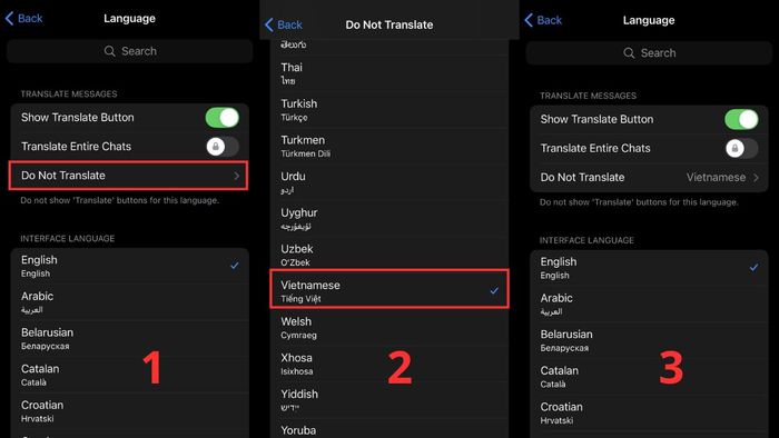 Hướng dẫn bật tính năng dịch trên Telegram - bước 2, 3 và 4