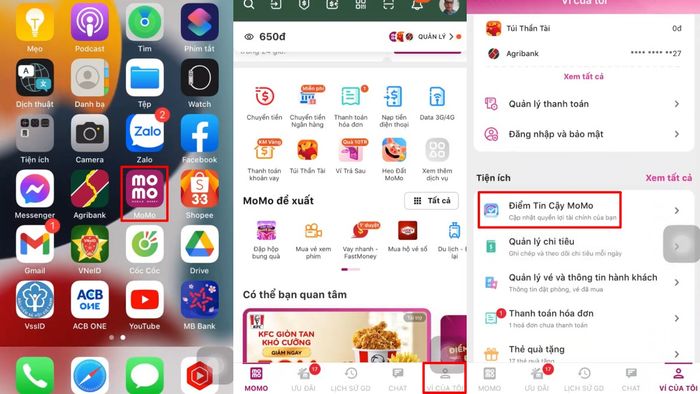 Cách kiểm tra điểm tin cậy trên MoMo