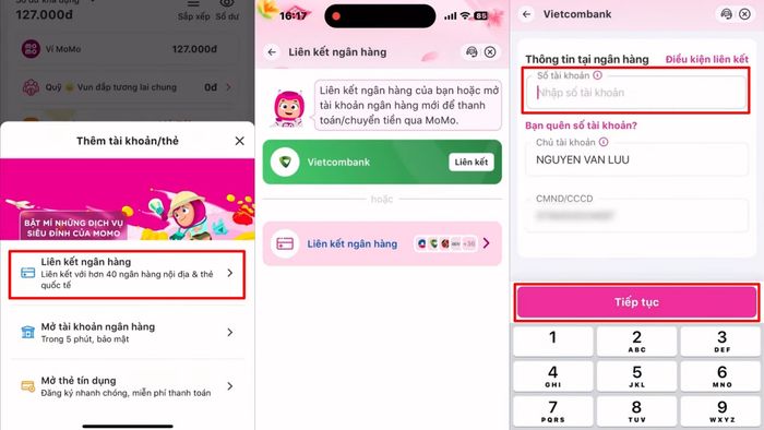 Hướng dẫn cách tăng điểm tin cậy MoMo qua việc liên kết tài khoản ngân hàng - bước 2