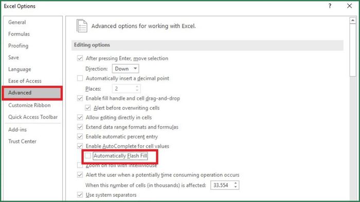 Hướng dẫn tắt dấu xanh ở góc ô Excel – bước 3