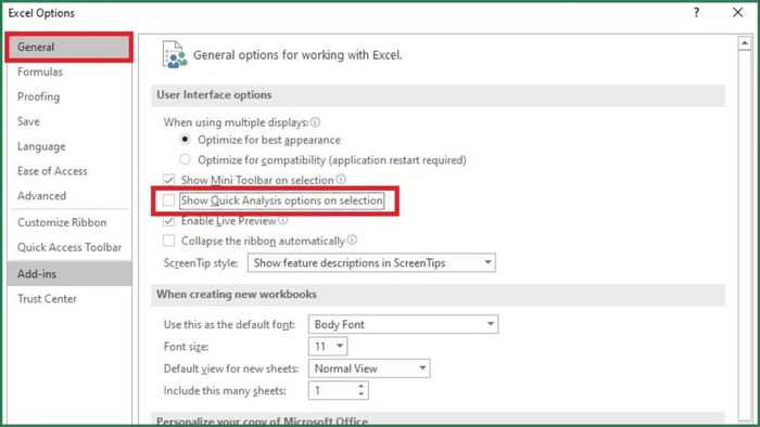 Hướng dẫn tắt dấu xanh ở góc ô Excel – bước 4