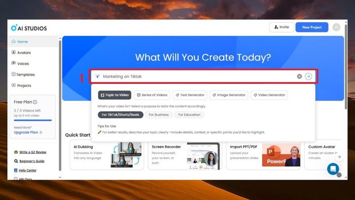 Hướng dẫn sử dụng DeepBrain AI để tạo video từ chủ đề - Bước 1