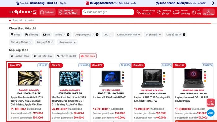 Các bước sử dụng tính năng so sánh laptop trên CellphoneS