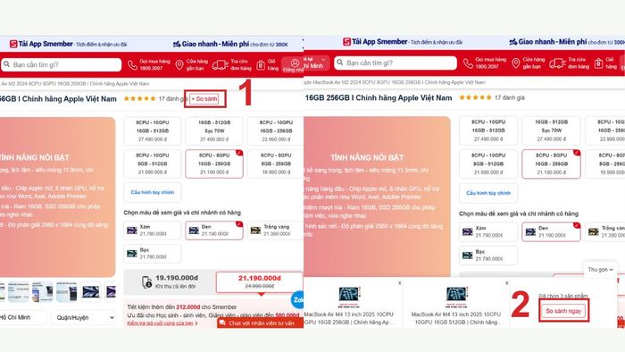 Các bước sử dụng tính năng so sánh laptop trên CellphoneS