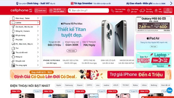 Các bước sử dụng tính năng so sánh laptop trên CellphoneS