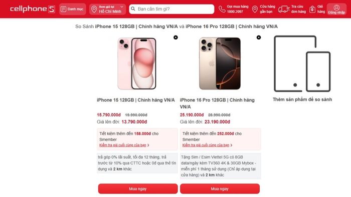 Tính năng này giúp người dùng so sánh trực quan các dòng điện thoại.