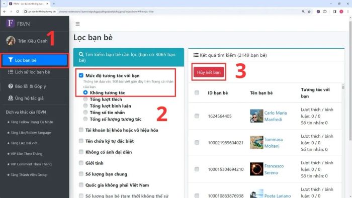 Hướng dẫn dùng FBVN để hủy kết bạn trên Facebook - bước 3 và 4