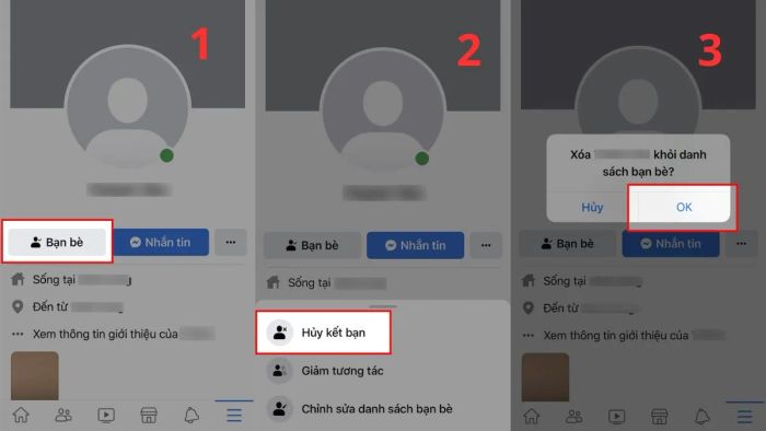 Hướng dẫn hủy kết bạn Facebook thủ công trên điện thoại - bước 2 và 3