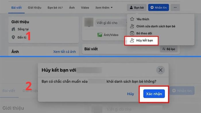 Hướng dẫn hủy kết bạn thủ công trên Facebook bằng máy tính - bước 2 và 3