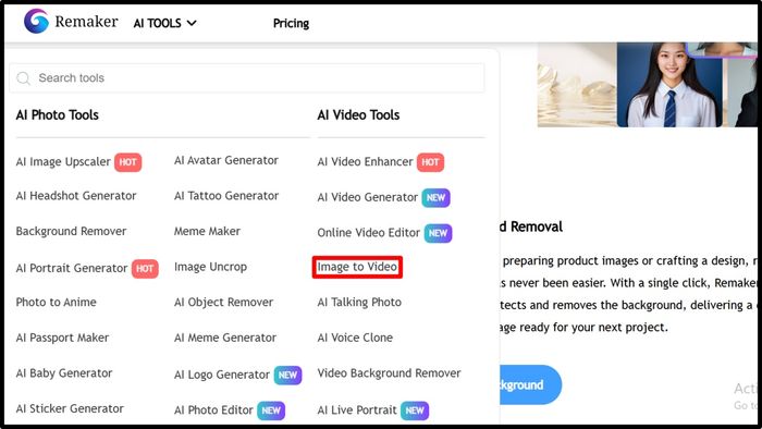 Cách chuyển hình ảnh thành video bằng Remaker AI bước 1