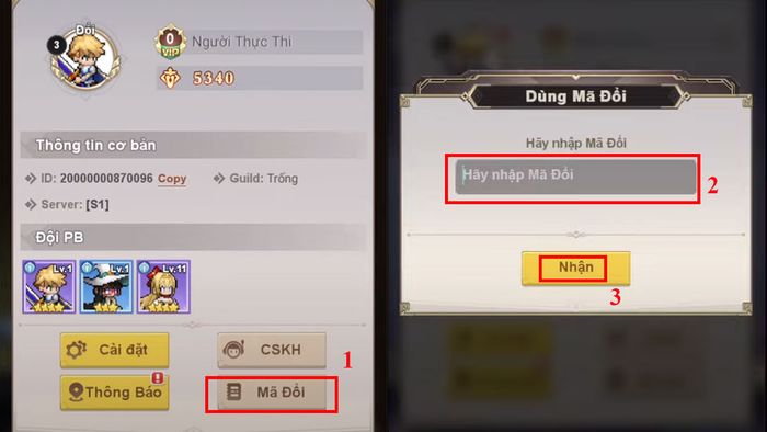 Hướng dẫn nhập code Anh Hùng Pixel bước 2