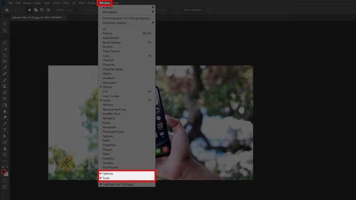 Sử dụng Menu Window để mở thanh công cụ trong Photoshop.