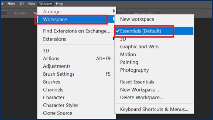 Khôi phục không gian làm việc về mặc định trong Photoshop để mở lại thanh công cụ.