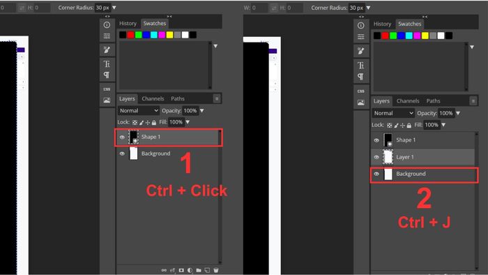 Sử dụng thuộc tính Radius trong công cụ Rectangle Tool để bo góc ảnh.