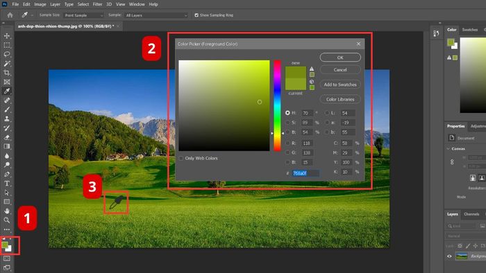 Chọn màu trực tiếp từ dãy màu để lấy mã màu trong Photoshop