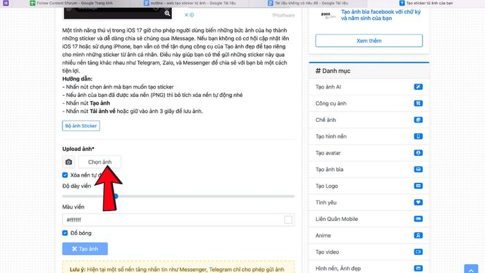 Dùng website Tạo Ảnh Đẹp để tạo Sticker từ ảnh chất lượng bước 2 (Hình minh họa)