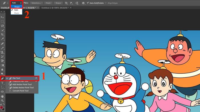 Chọn “Pen Tool” và chỉnh về chế độ “Shape”