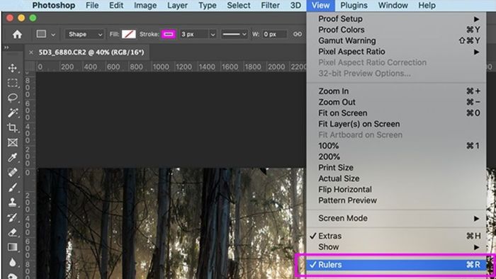 Hướng dẫn bật thước trong Photoshop qua mục “View”