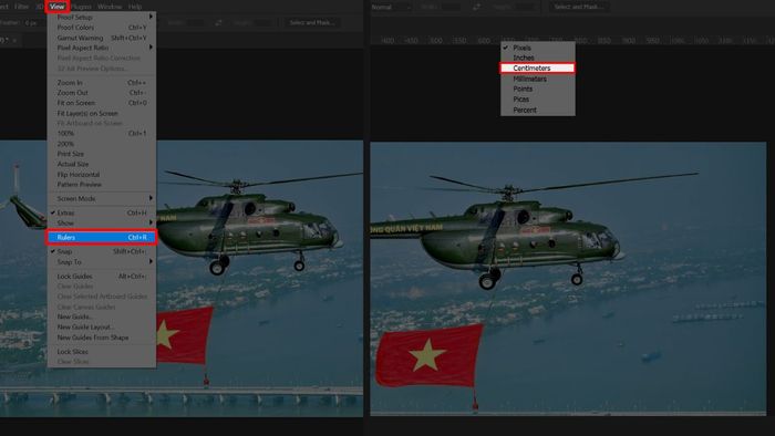 Nhấn chuột phải để thay đổi đơn vị đo cho thước trong Photoshop
