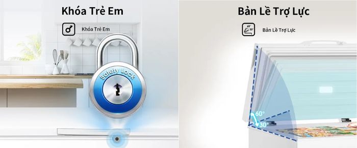 Khóa an toàn, bản lề trợ lực trên Tủ Đông Hisense FC520D4EWC1