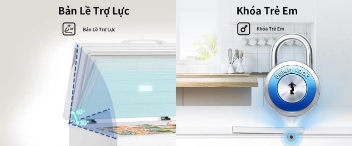 Bản lề trợ lực, khóa an toàn trên Tủ Đông Hisense FC380D4EWC1